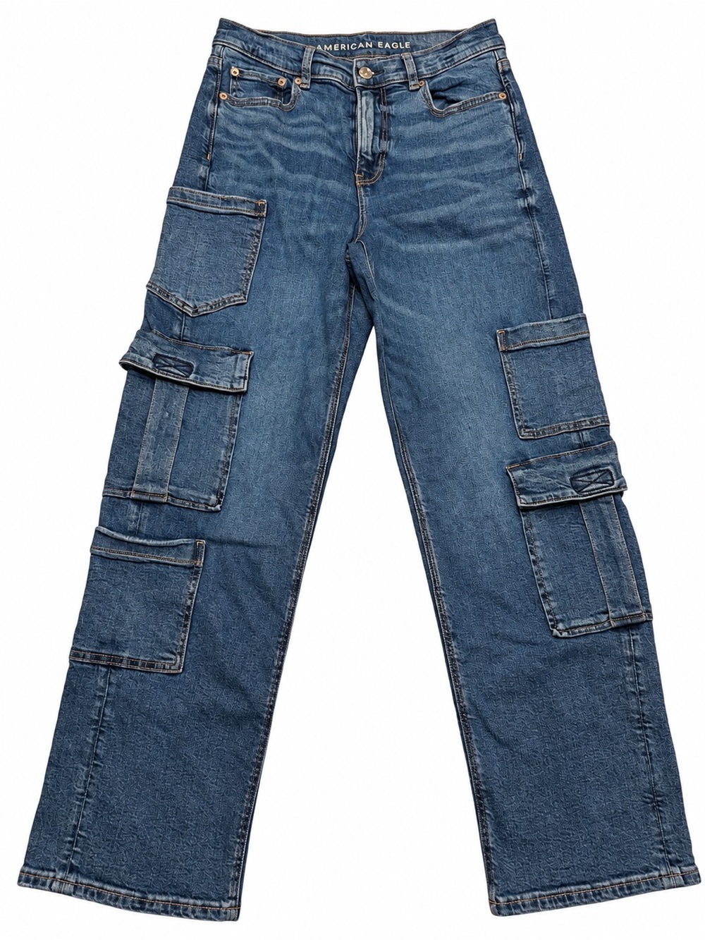 American Eagle Super High Rise Baggy Straight Cargo Jeans Women’s 4 Blue Stretch
